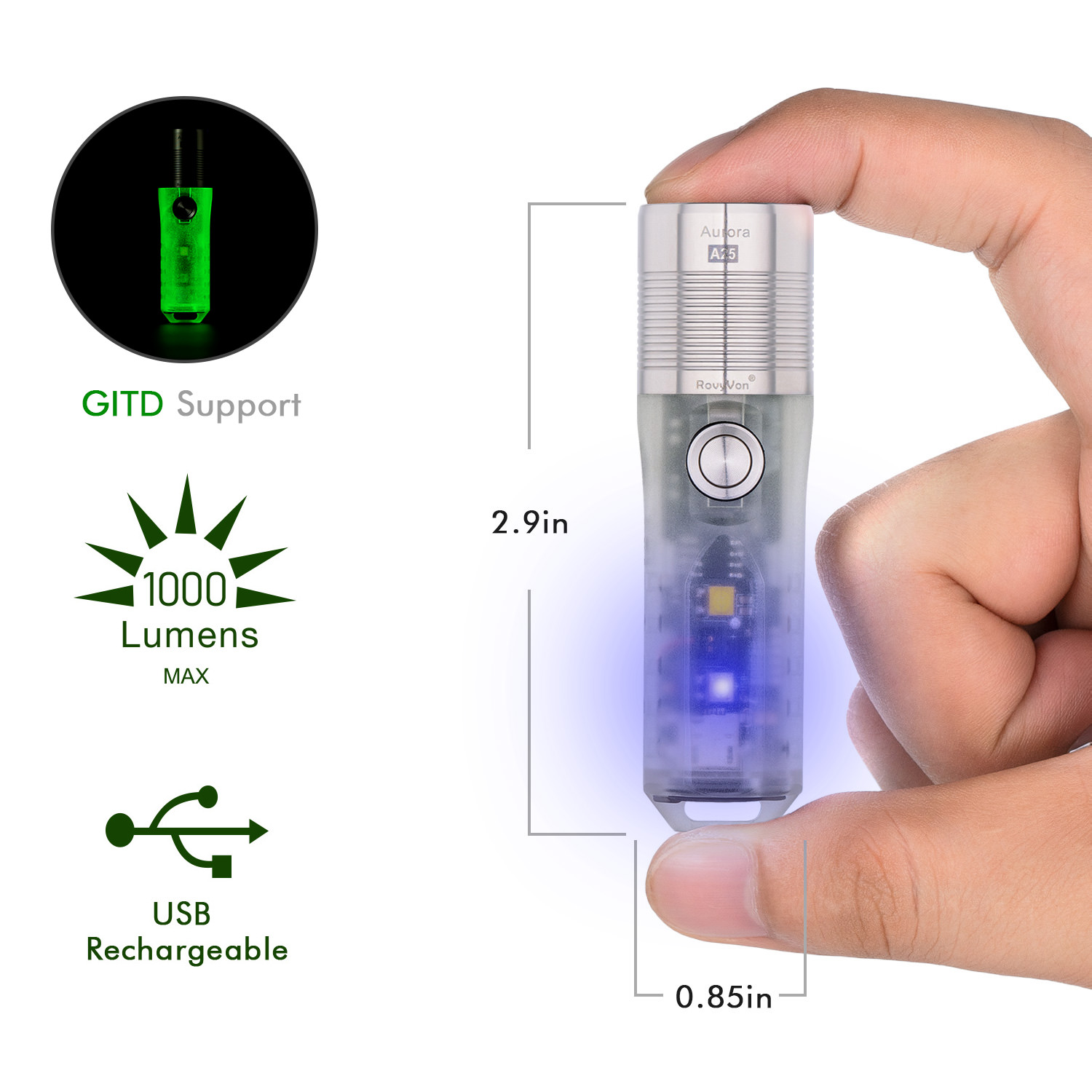  GITD S 2.9in 1000 Lumens MAX o USB Rechargeable 0.85in 